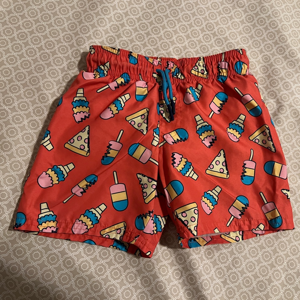 Kids Ice Cream and Pizza Print Swim Trunks - Red